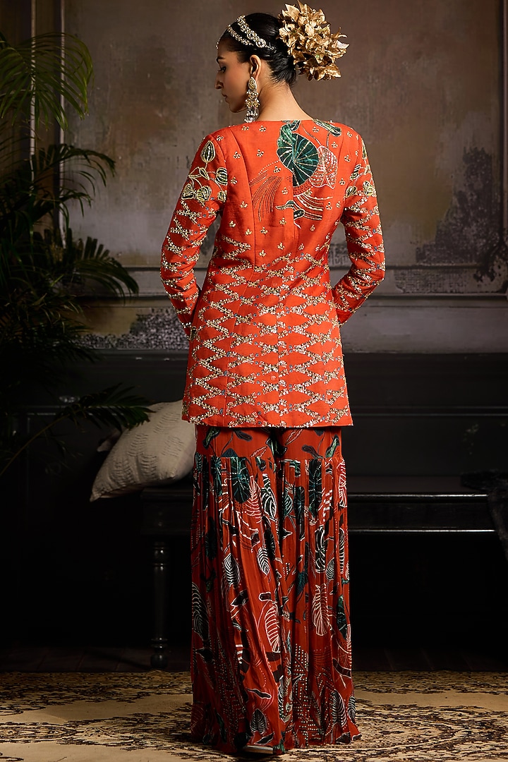 Rust Georgette & Raw Silk Leaf Printed Gharara Set by DiyaRajvvir at Pernia's Pop Up Shop