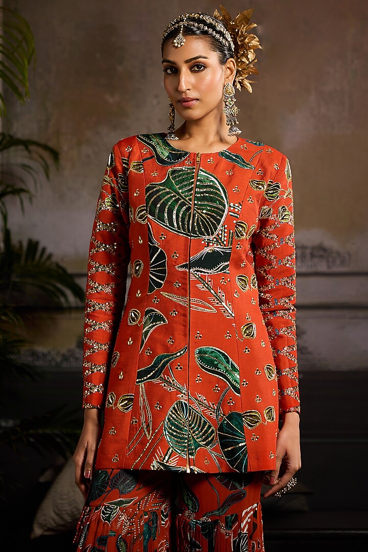 Rust Georgette & Raw Silk Leaf Printed Gharara Set by DiyaRajvvir at Pernia's Pop Up Shop