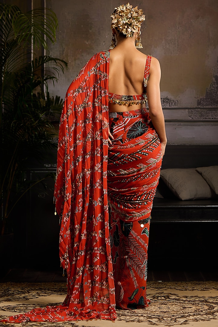 Rust Georgette Leaf Printed Draped Skirt Wedding Saree Set by DiyaRajvvir at Pernia's Pop Up Shop