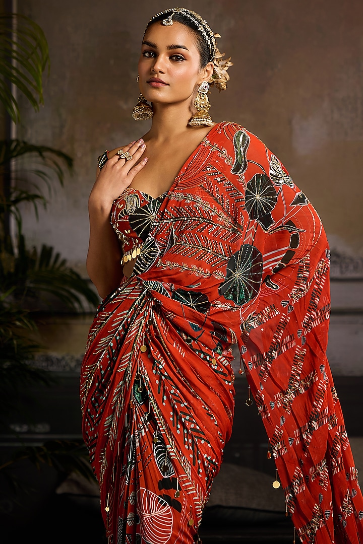 Rust Georgette Leaf Printed Draped Skirt Wedding Saree Set by DiyaRajvvir at Pernia's Pop Up Shop
