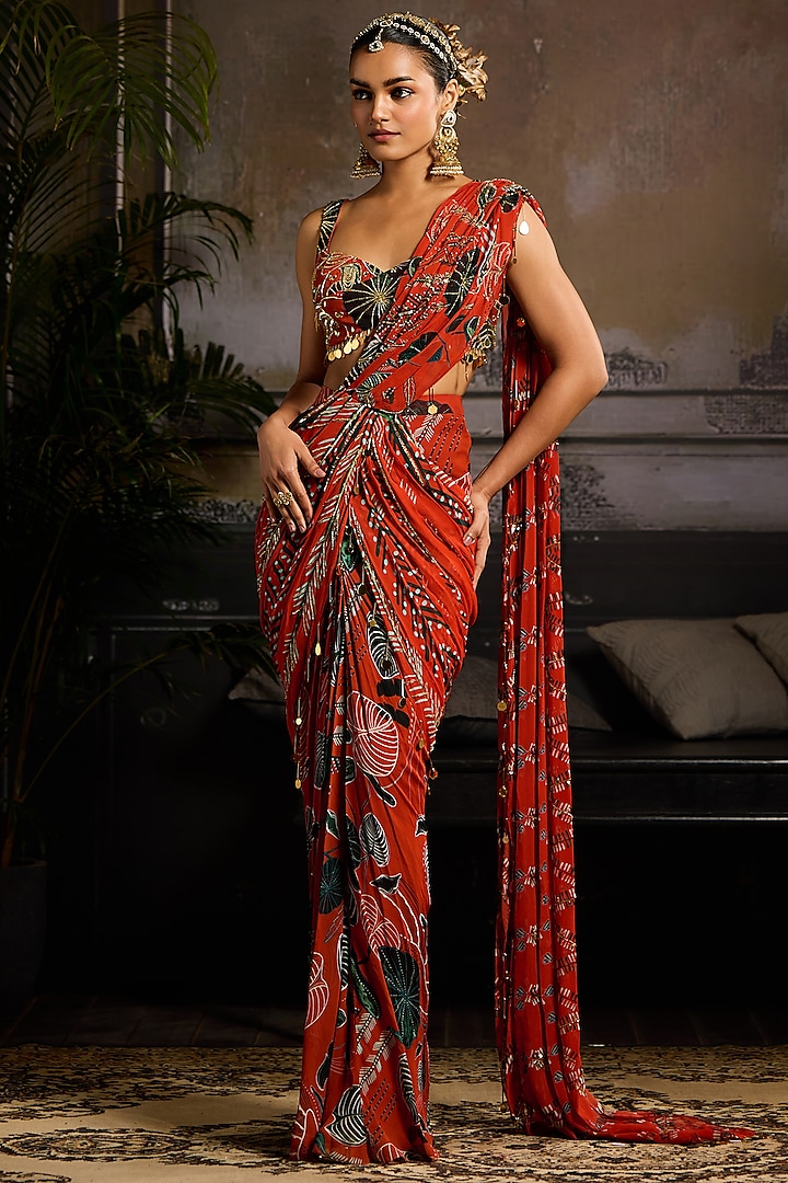 Rust Georgette Leaf Printed Draped Skirt Wedding Saree Set by DiyaRajvvir at Pernia's Pop Up Shop