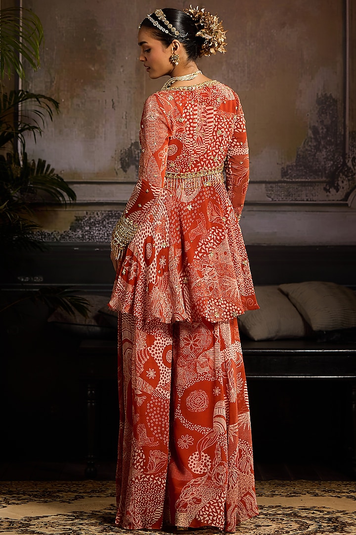 Rust Georgette Jaal Printed Wedding Sharara Set by DiyaRajvvir at Pernia's Pop Up Shop
