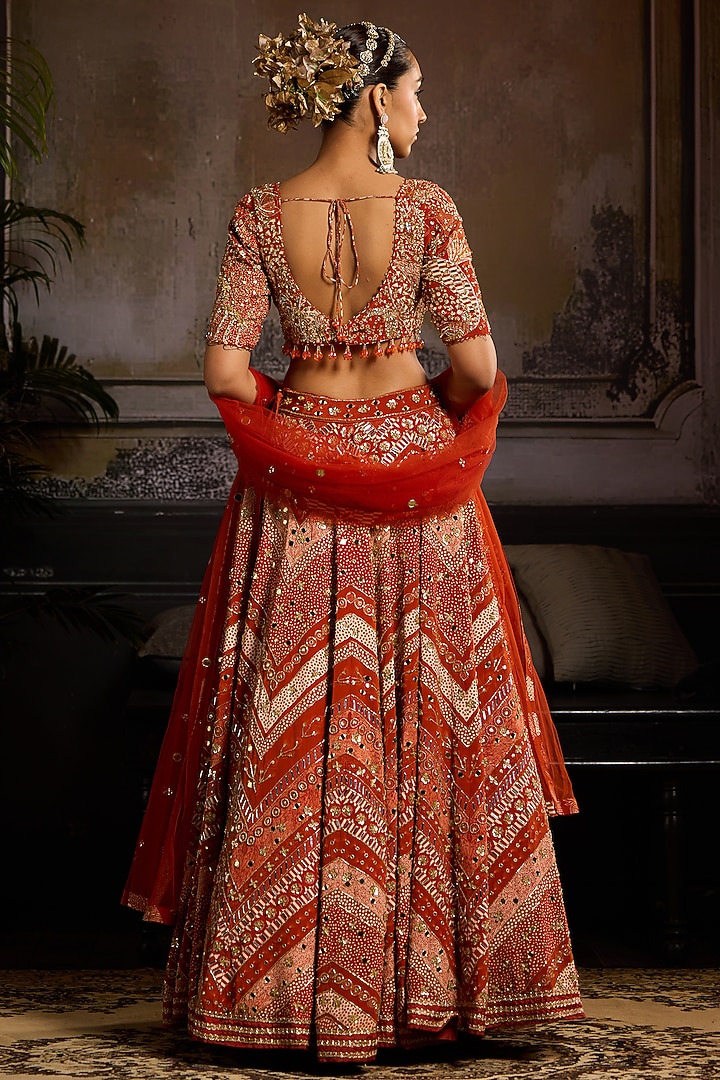 Rust Crepe Chevron Printed Wedding Lehenga Set by DiyaRajvvir at Pernia's Pop Up Shop