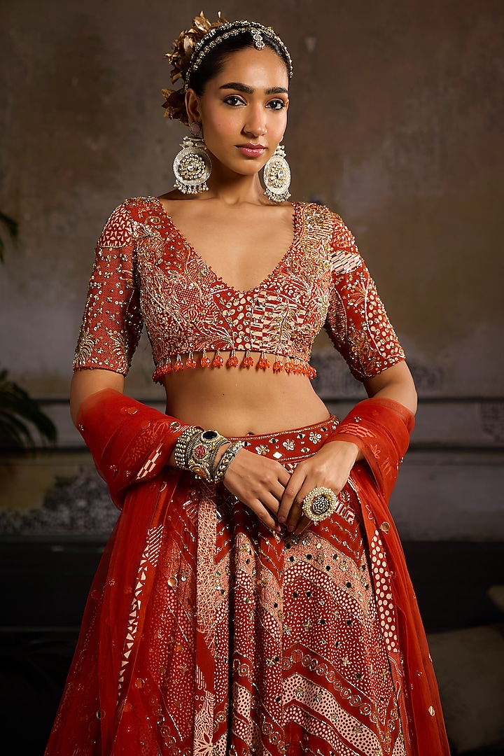 Rust Crepe Chevron Printed Wedding Lehenga Set by DiyaRajvvir at Pernia's Pop Up Shop