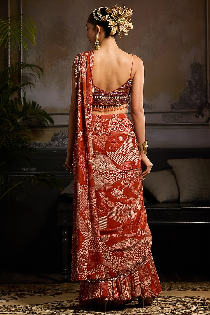 Rust Georgette & Tulle Jaal Printed Tiered Skirt Wedding Saree Set by DiyaRajvvir at Pernia's Pop Up Shop
