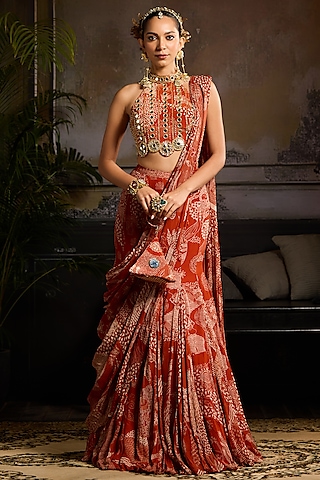 Rust Crepe & Georgette Abstract Jaal Printed Mermaid Skirt Saree Set by DiyaRajvvir