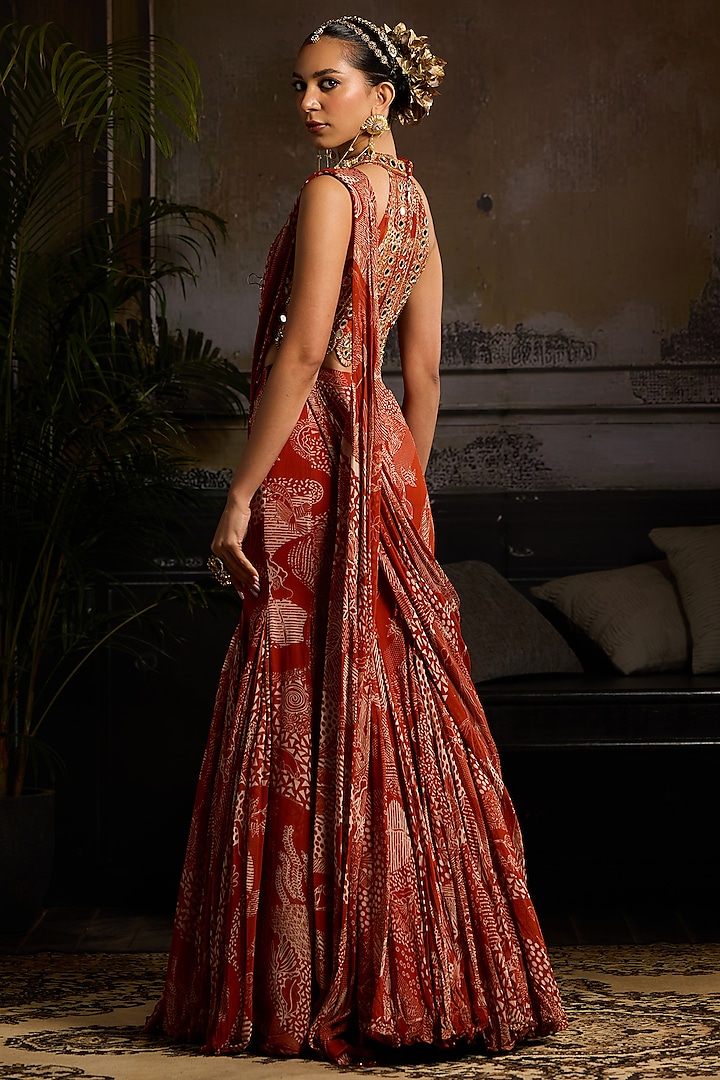 Rust Crepe & Georgette Abstract Jaal Printed Mermaid Skirt Wedding Saree Set by DiyaRajvvir at Pernia's Pop Up Shop