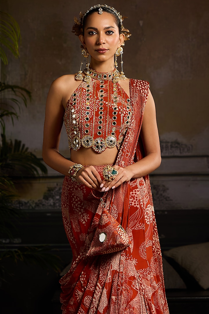 Rust Crepe & Georgette Abstract Jaal Printed Mermaid Skirt Wedding Saree Set by DiyaRajvvir at Pernia's Pop Up Shop