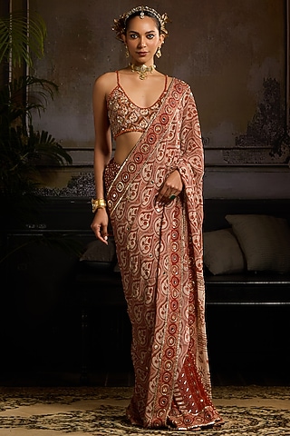Rust Georgette & Crepe Leaf Printed Pre-Stitched Saree Set by DiyaRajvvir