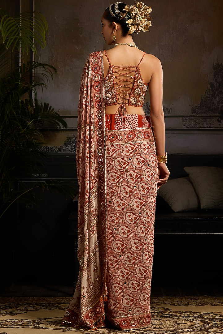 Rust Georgette & Crepe Leaf Printed Pre-Stitched Reception Saree Set by DiyaRajvvir at Pernia's Pop Up Shop