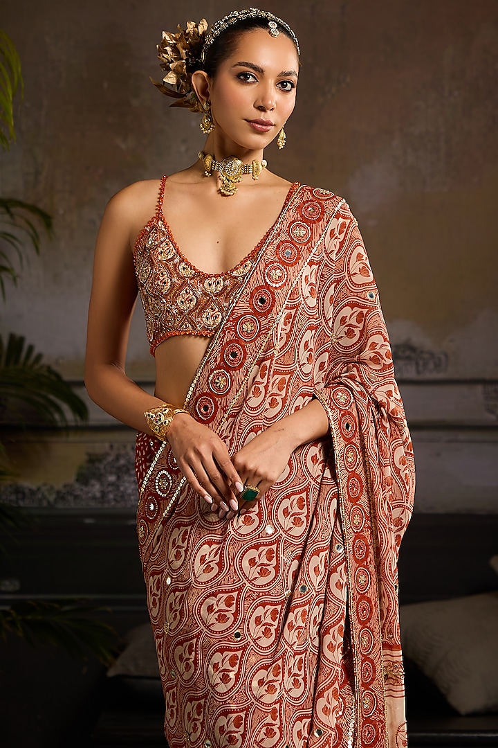 Rust Georgette & Crepe Leaf Printed Pre-Stitched Reception Saree Set by DiyaRajvvir at Pernia's Pop Up Shop