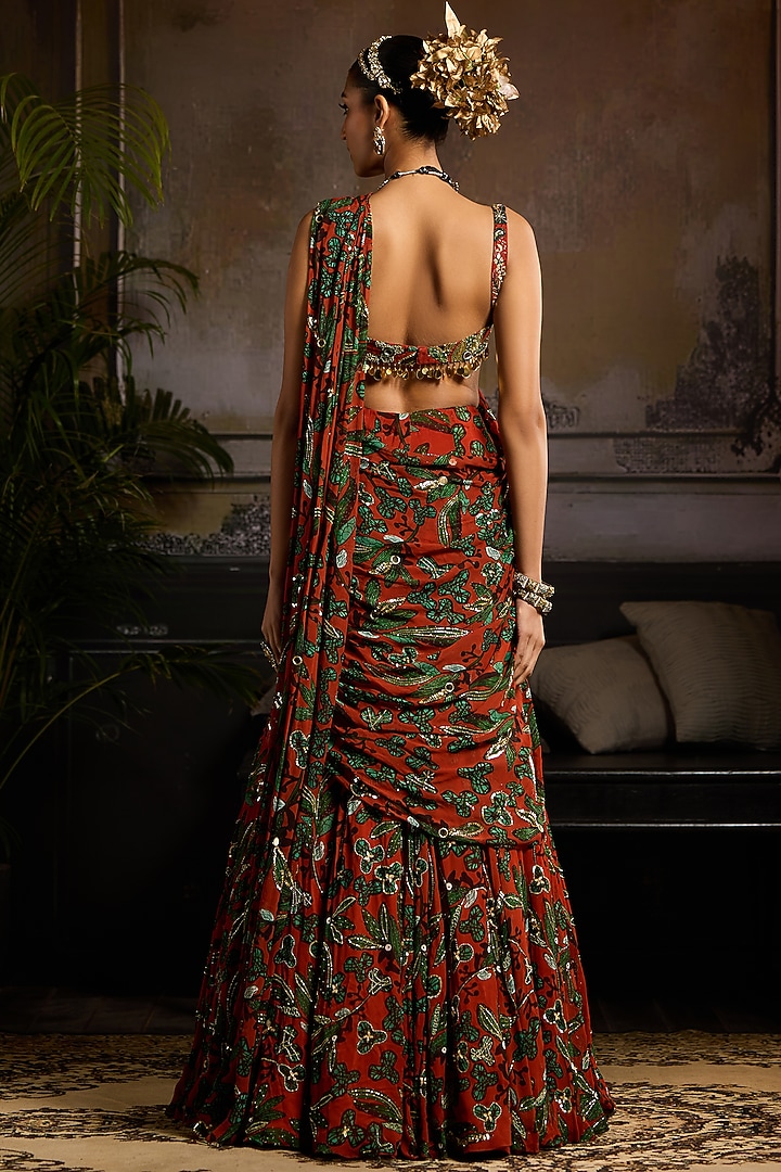 Rust Georgette Leaf Printed Draped Skirt Reception Saree Set by DiyaRajvvir at Pernia's Pop Up Shop