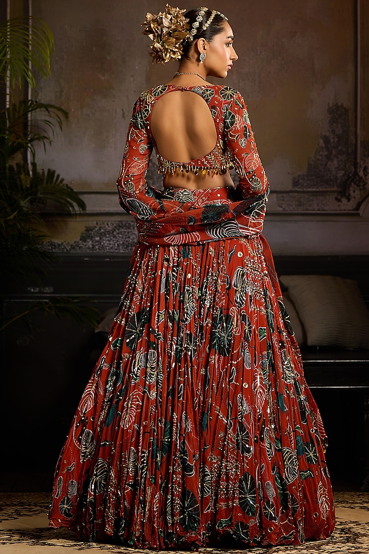 Rust Georgette & Organza Leaf Printed Wedding Lehenga Set by DiyaRajvvir at Pernia's Pop Up Shop