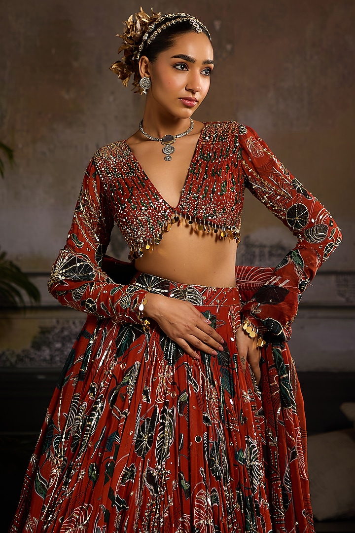Rust Georgette & Organza Leaf Printed Wedding Lehenga Set by DiyaRajvvir at Pernia's Pop Up Shop