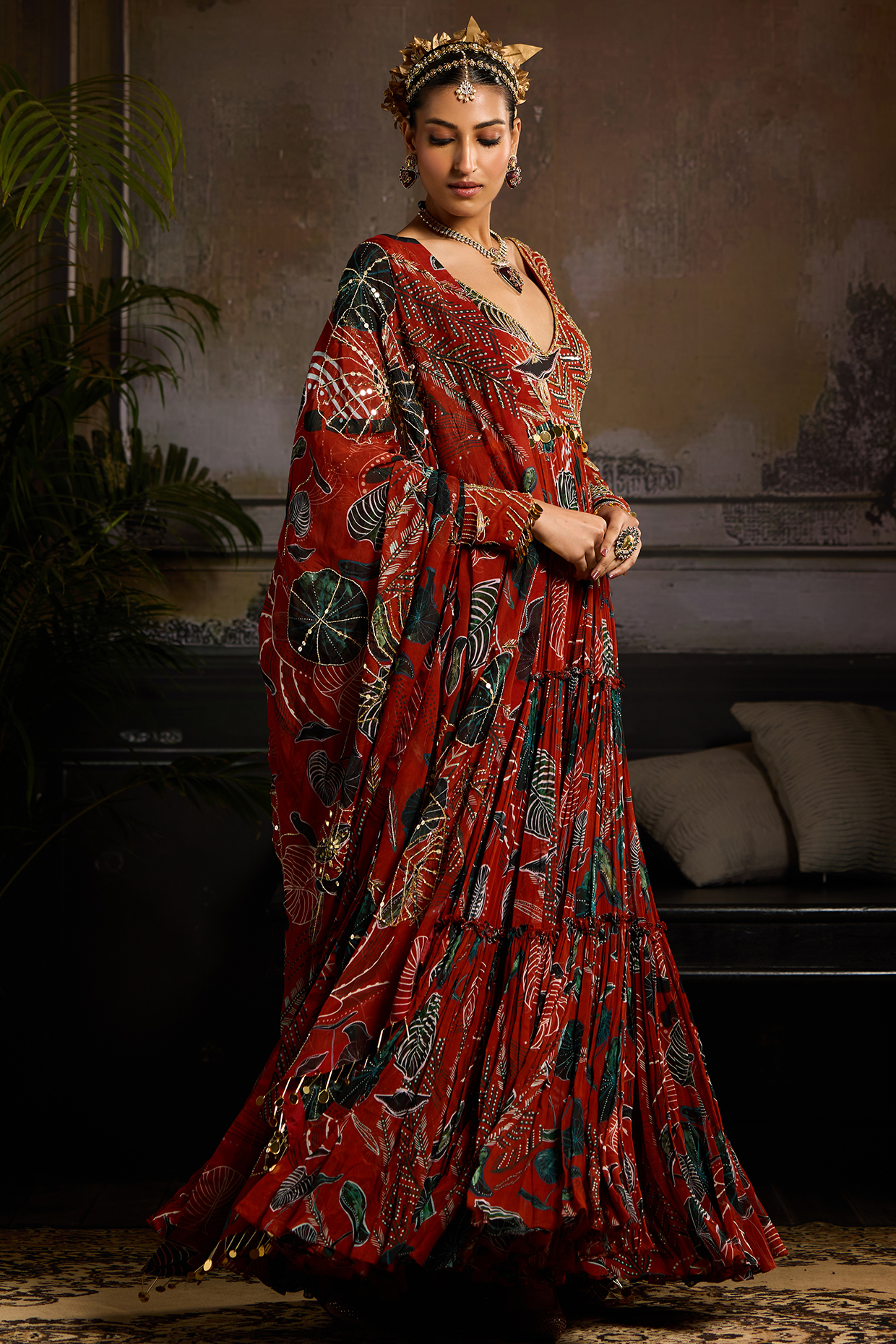 Rust Georgette & Organza Leaf Printed Wedding Anarkali Set by DiyaRajvvir at Pernia's Pop Up Shop
