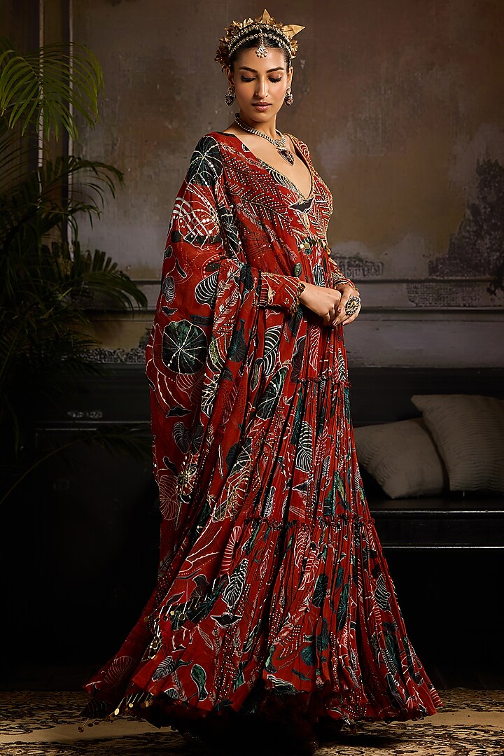 Rust Georgette & Organza Leaf Printed Wedding Anarkali Set by DiyaRajvvir at Pernia's Pop Up Shop
