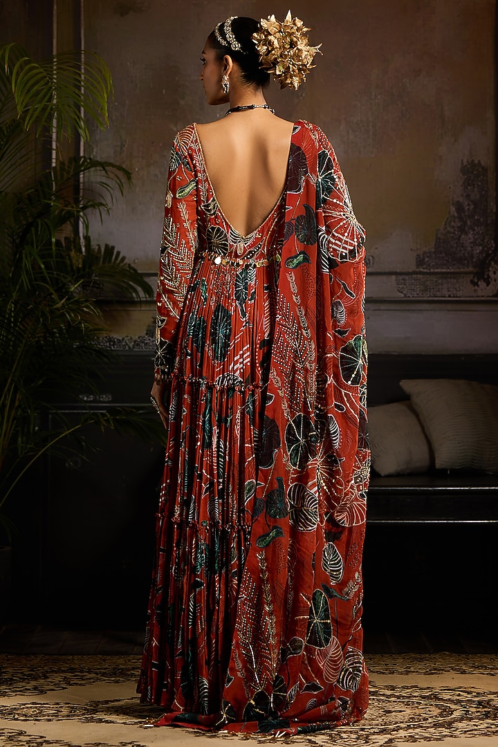 Rust Georgette & Organza Leaf Printed Wedding Anarkali Set by DiyaRajvvir at Pernia's Pop Up Shop