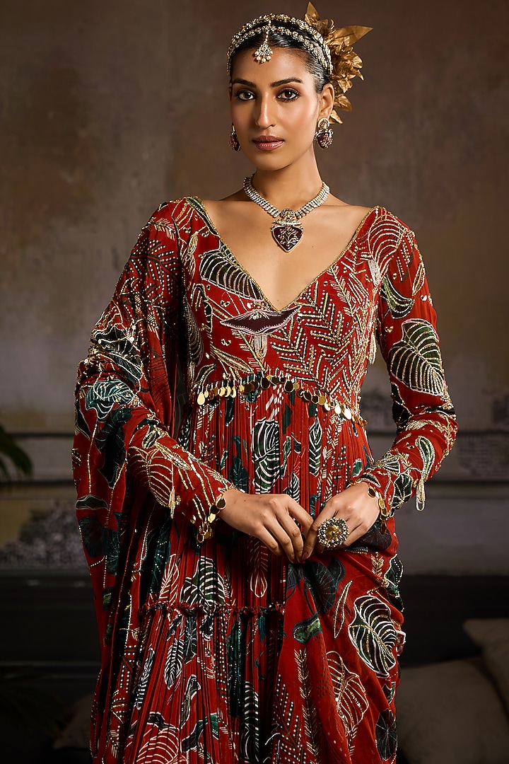 Rust Georgette & Organza Leaf Printed Wedding Anarkali Set by DiyaRajvvir at Pernia's Pop Up Shop