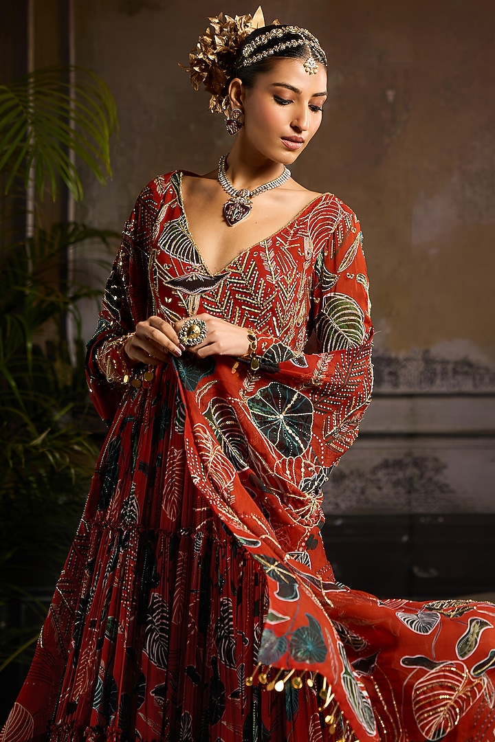 Rust Georgette & Organza Leaf Printed Wedding Anarkali Set by DiyaRajvvir at Pernia's Pop Up Shop