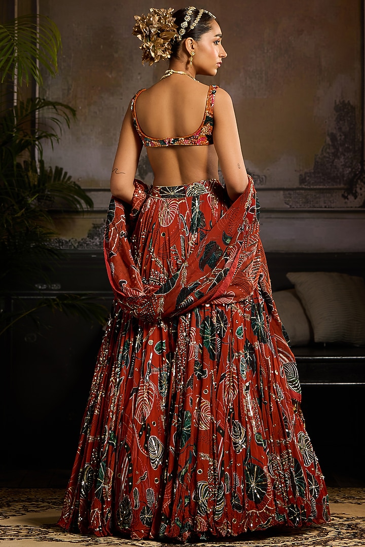 Rust Georgette & Organza Leaf Printed Wedding Lehenga Set by DiyaRajvvir at Pernia's Pop Up Shop