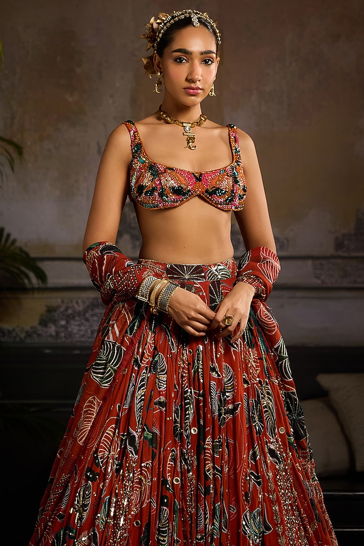 Rust Georgette & Organza Leaf Printed Wedding Lehenga Set by DiyaRajvvir at Pernia's Pop Up Shop