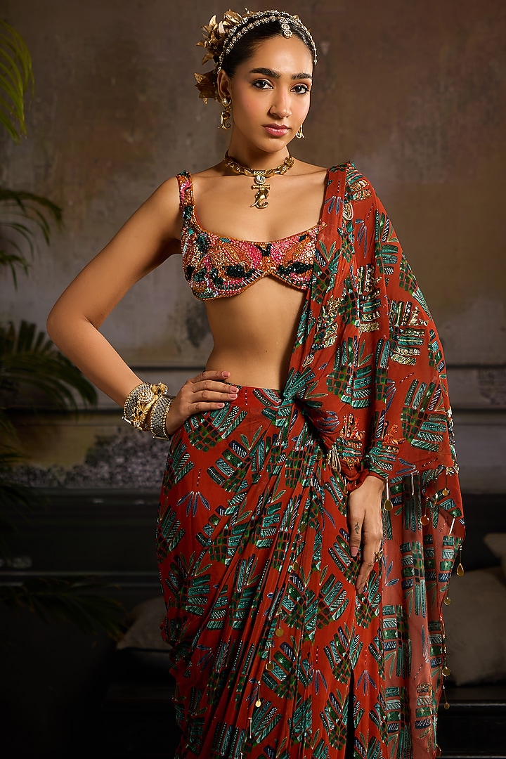 Rust Georgette & Tulle Leaf Printed Draped Skirt Wedding Saree Set by DiyaRajvvir at Pernia's Pop Up Shop