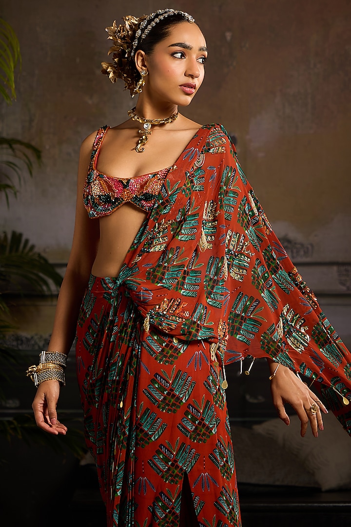 Rust Georgette & Tulle Leaf Printed Draped Skirt Wedding Saree Set by DiyaRajvvir at Pernia's Pop Up Shop