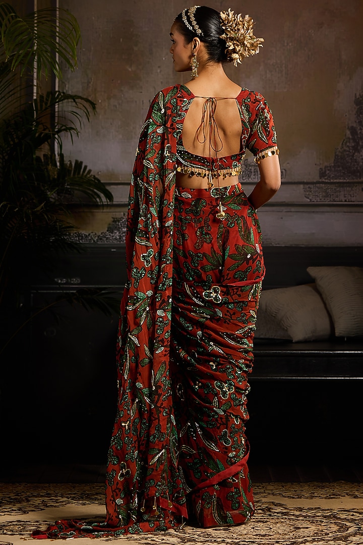 Rust Organza Leaf Printed Pre-Draped Skirt Wedding Saree Set by DiyaRajvvir at Pernia's Pop Up Shop