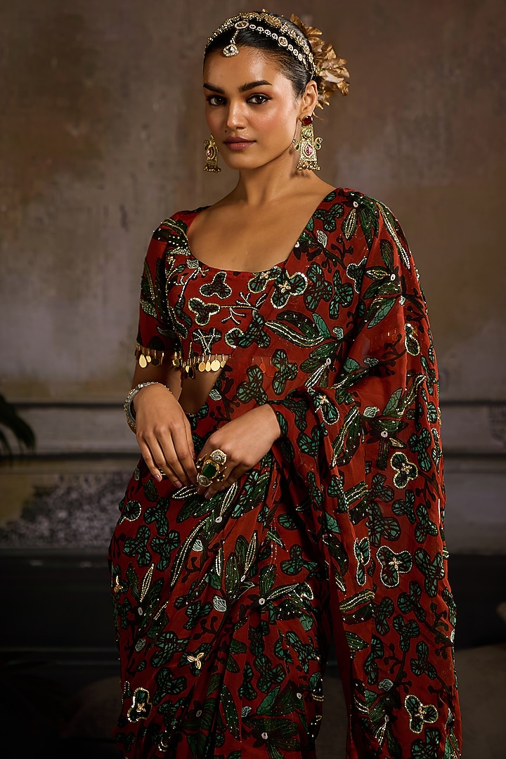 Rust Organza Leaf Printed Pre-Draped Skirt Wedding Saree Set by DiyaRajvvir at Pernia's Pop Up Shop