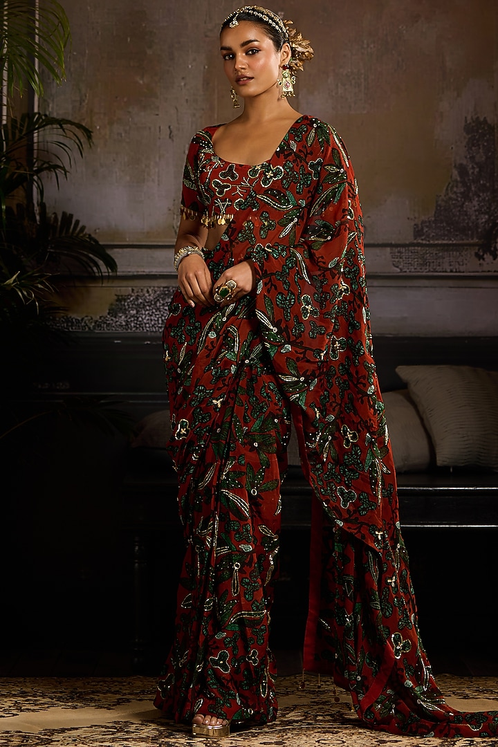 Rust Organza Leaf Printed Pre-Draped Skirt Wedding Saree Set by DiyaRajvvir at Pernia's Pop Up Shop