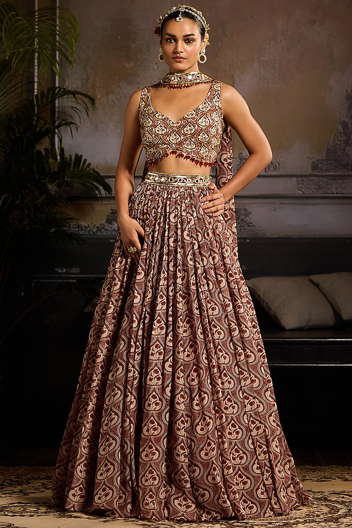 Maroon Organza & Crepe Leaf Printed Wedding Lehenga Set by DiyaRajvvir at Pernia's Pop Up Shop