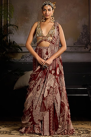 Maroon Tulle & Georgette Jaal Printed Mermaid Skirt Saree Set by DiyaRajvvir