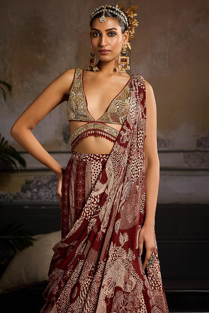 Maroon Tulle & Georgette Jaal Printed Mermaid Skirt Wedding Saree Set by DiyaRajvvir at Pernia's Pop Up Shop