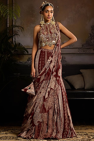 Maroon Crepe & Georgette Abstract Jaal Printed Mermaid Skirt Saree Set by DiyaRajvvir