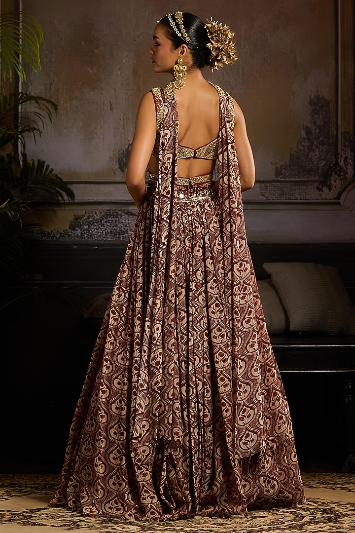 Maroon Organza & Tulle Leaf Printed Wedding Lehenga Set by DiyaRajvvir at Pernia's Pop Up Shop
