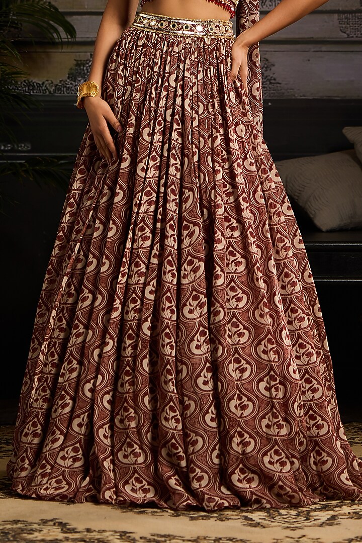 Maroon Organza & Tulle Leaf Printed Wedding Lehenga Set by DiyaRajvvir at Pernia's Pop Up Shop