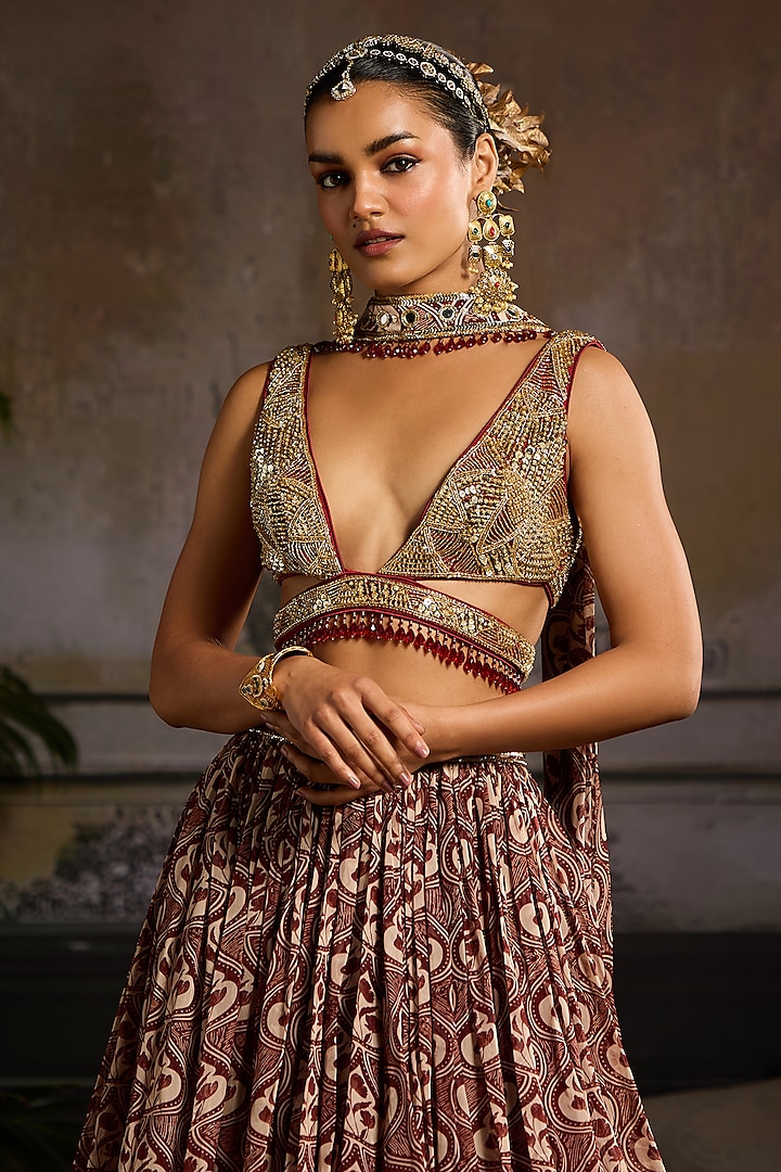 Maroon Organza & Tulle Leaf Printed Wedding Lehenga Set by DiyaRajvvir at Pernia's Pop Up Shop