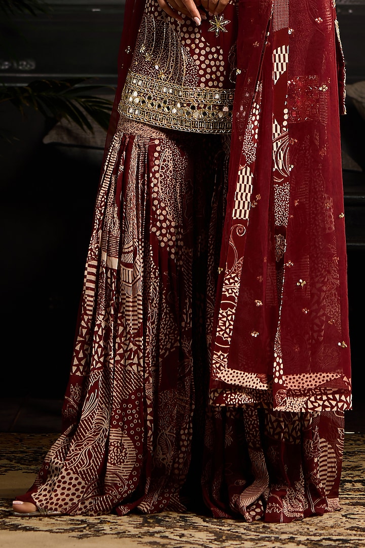 Maroon Georgette Abstract Jaal Printed Gharara Set by DiyaRajvvir at Pernia's Pop Up Shop