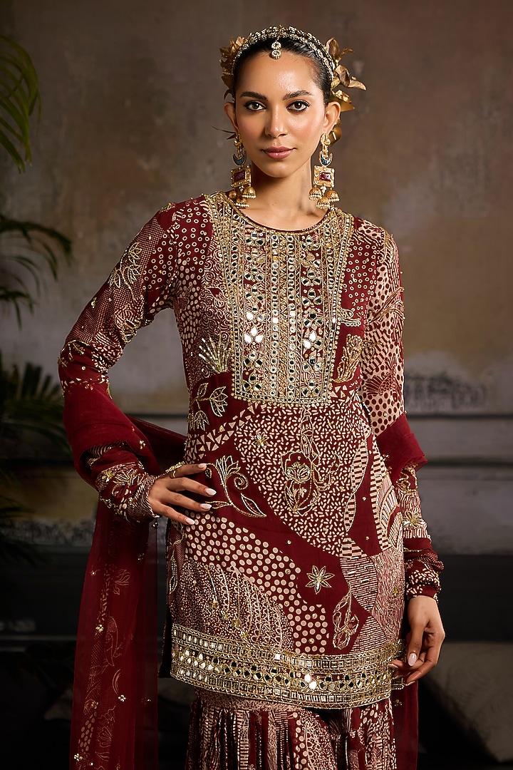 Maroon Georgette Abstract Jaal Printed Gharara Set by DiyaRajvvir at Pernia's Pop Up Shop