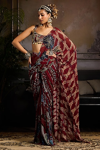 Wine Georgette Leaf Printed Draped Saree Set by DiyaRajvvir