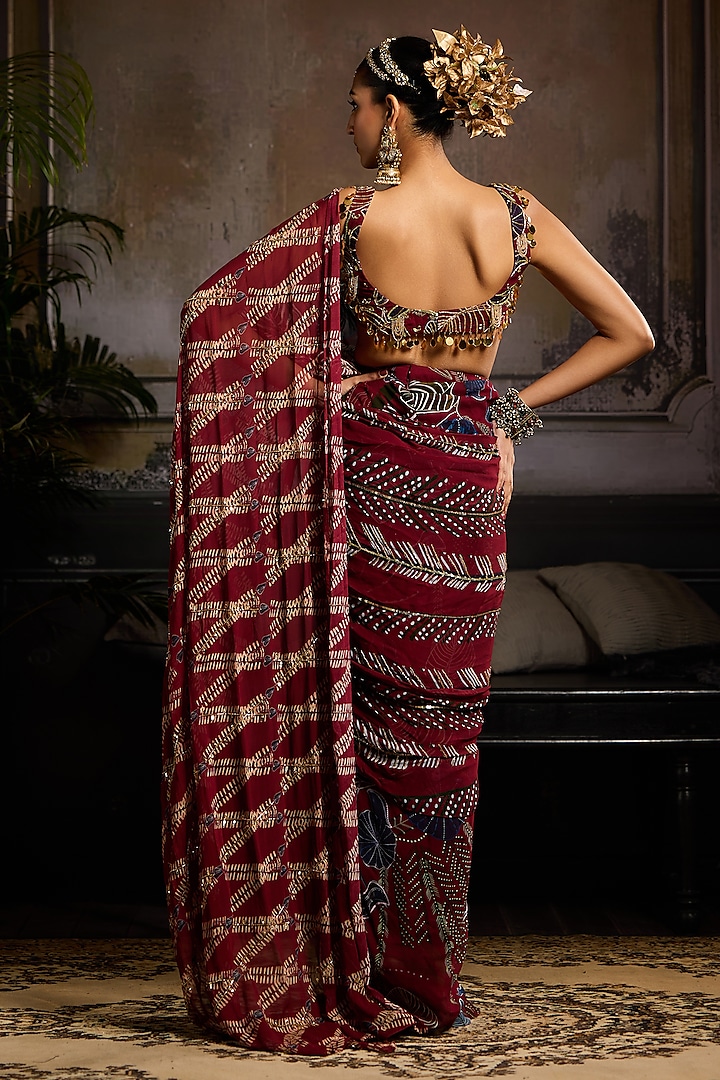 Wine Georgette Leaf Printed Draped Wedding Saree Set by DiyaRajvvir at Pernia's Pop Up Shop