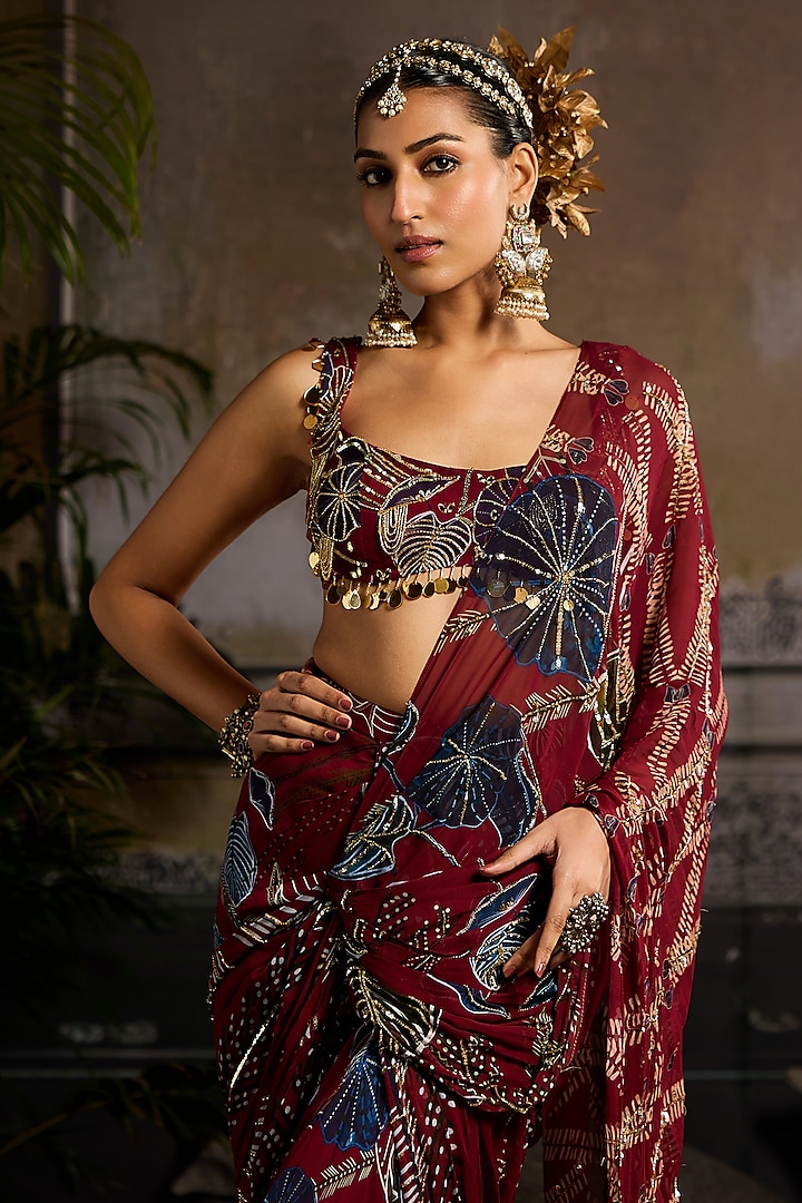 Wine Georgette Leaf Printed Draped Wedding Saree Set by DiyaRajvvir at Pernia's Pop Up Shop