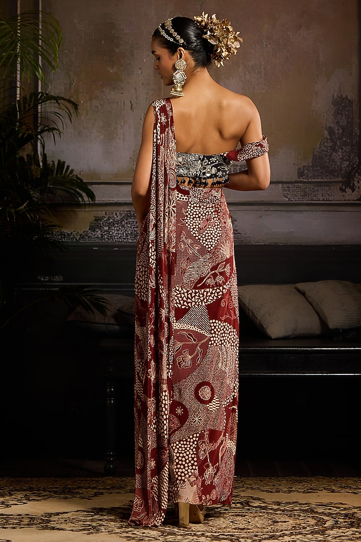 Maroon Crepe Printed Dhoti Skirt Set by DiyaRajvvir at Pernia's Pop Up Shop