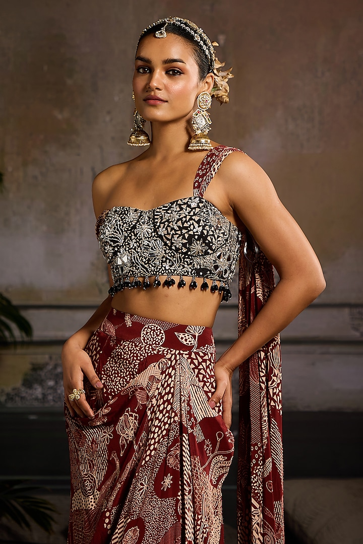 Maroon Crepe Printed Dhoti Skirt Set by DiyaRajvvir at Pernia's Pop Up Shop