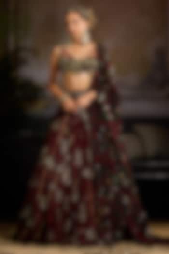 Wine Organza & Tulle Leaf Printed Wedding Lehenga Set by DiyaRajvvir at Pernia's Pop Up Shop