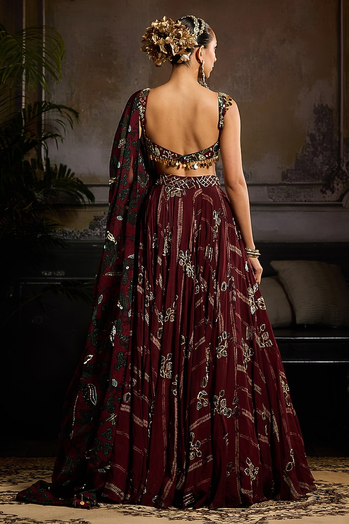 Wine Organza & Tulle Leaf Printed Wedding Lehenga Set by DiyaRajvvir at Pernia's Pop Up Shop