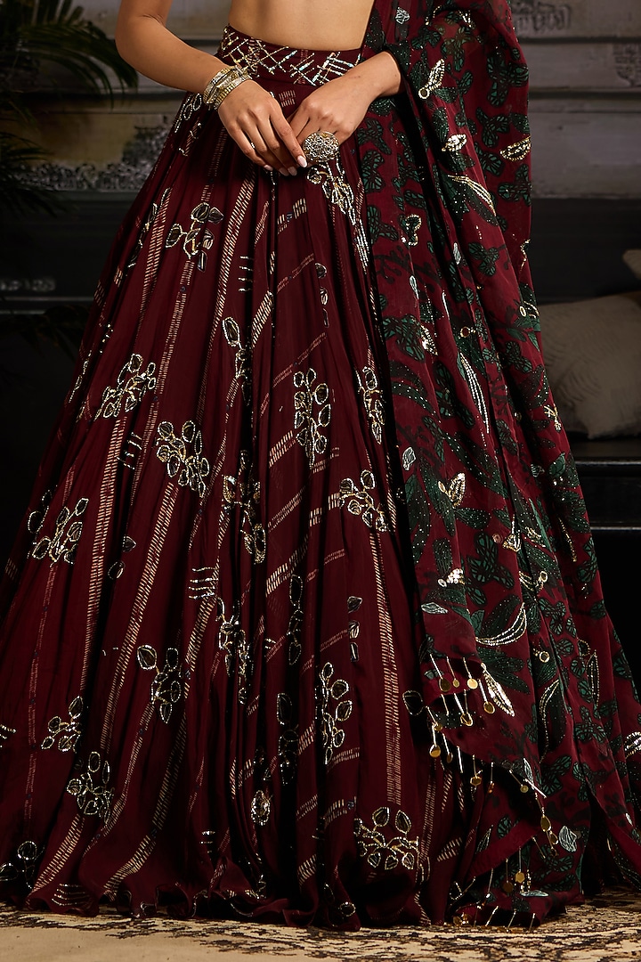 Wine Organza & Tulle Leaf Printed Wedding Lehenga Set by DiyaRajvvir at Pernia's Pop Up Shop