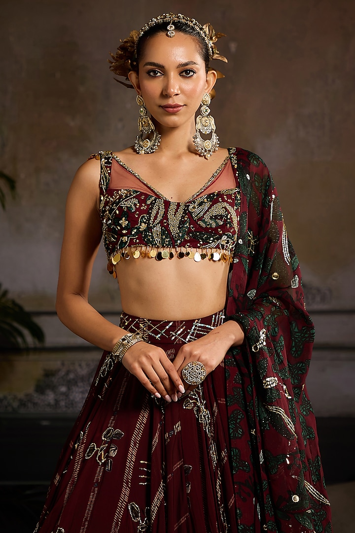 Wine Organza & Tulle Leaf Printed Wedding Lehenga Set by DiyaRajvvir at Pernia's Pop Up Shop