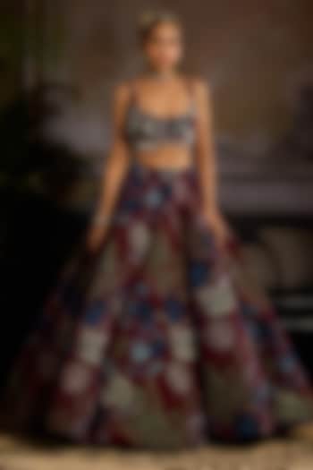 Wine Crepe Printed Wedding Lehenga Set by DiyaRajvvir at Pernia's Pop Up Shop