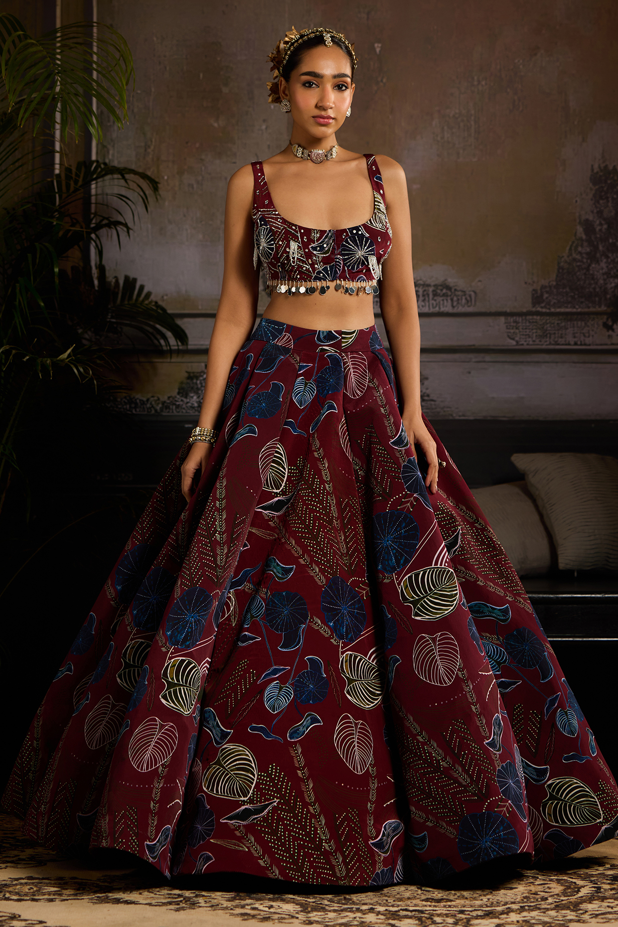 Wine Crepe Printed Wedding Lehenga Set by DiyaRajvvir at Pernia's Pop Up Shop